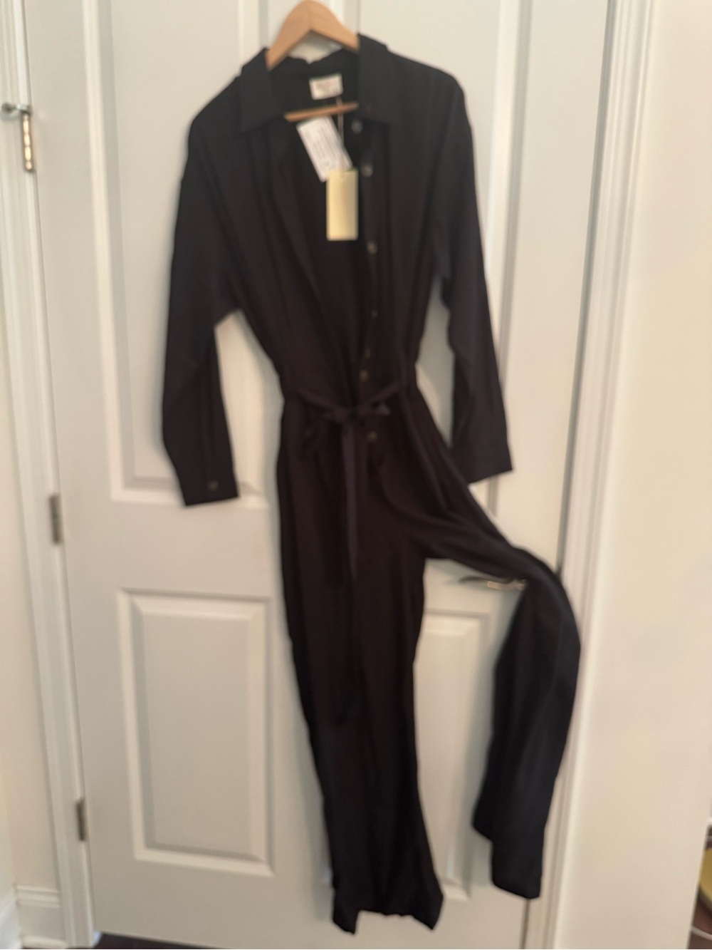 Long Sleeve Black Button-Front Jumpsuit with Waist Tie